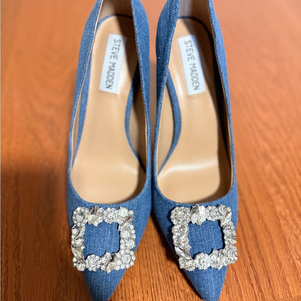 Steve Madden Blue Denim Embellished Women's Heels NEW